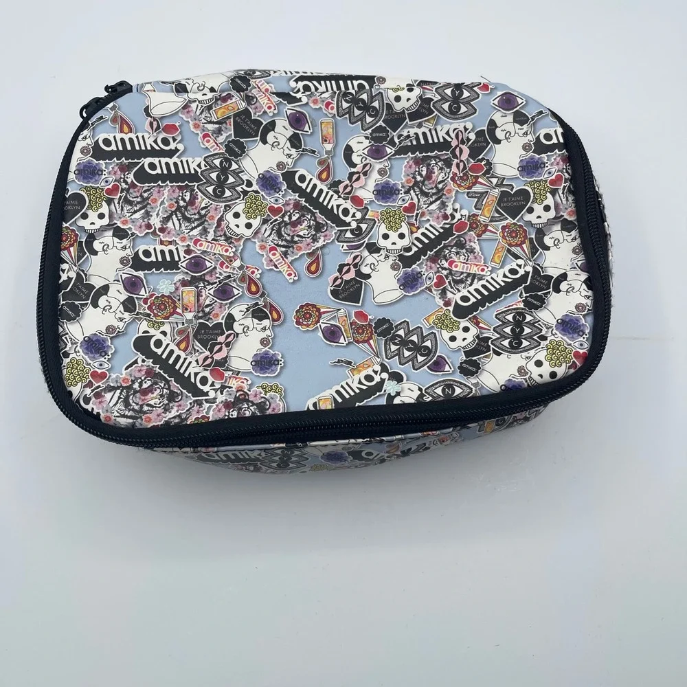 Amika Blue Sticker Bomb Graphic Print Makeup Travel Bag Double Zipper Pouch